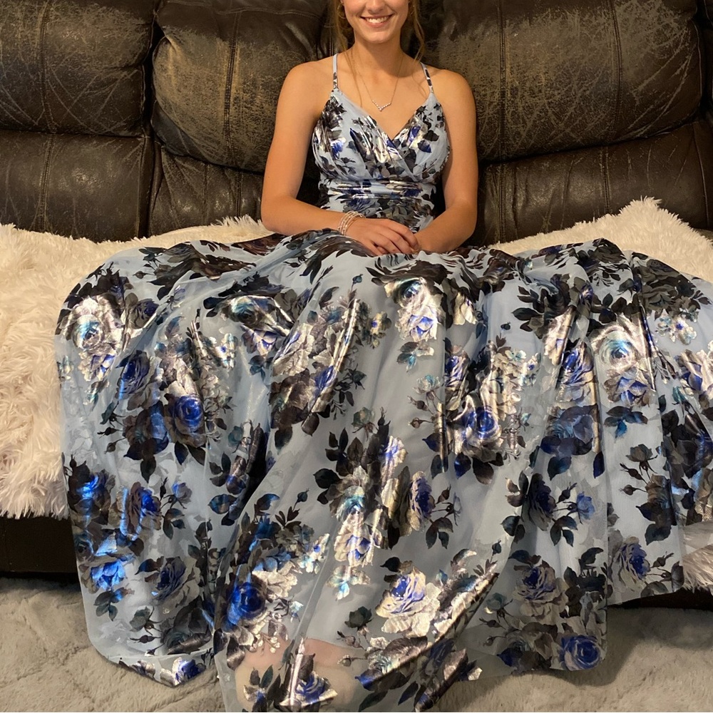 Blue and silver floral formal dress